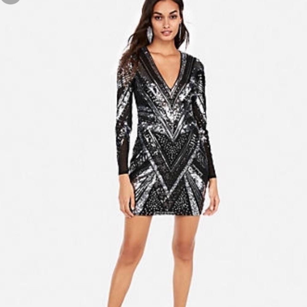 EXPRESS Sequined Geometric Print Long Sleeve Dress